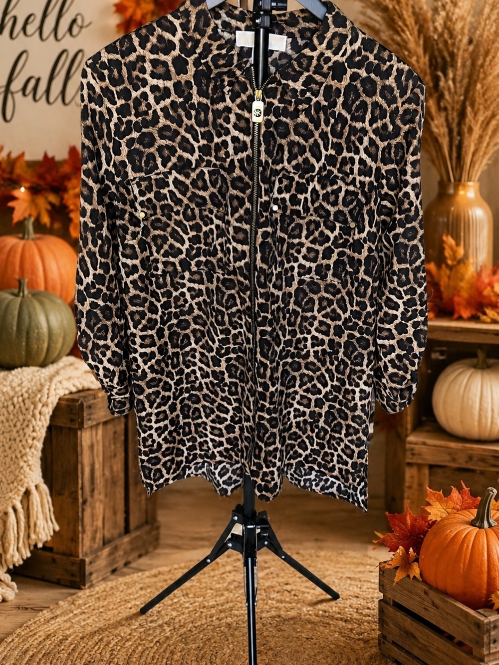 MICHAEL Michael Kors Women's Leopard Print Dog Tag Zip-Front Utility Blouse XL